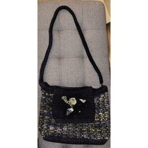 One Of A Kind Handmade Wool Art Purse Flower Black 9" x 13"